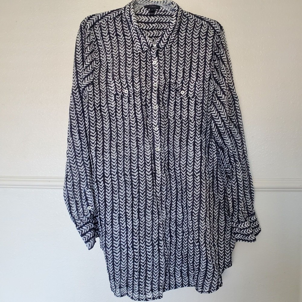 J.Crew Black White Chevron Blouse Size XL Roll Tab Sleeve Lightweight  Cotton